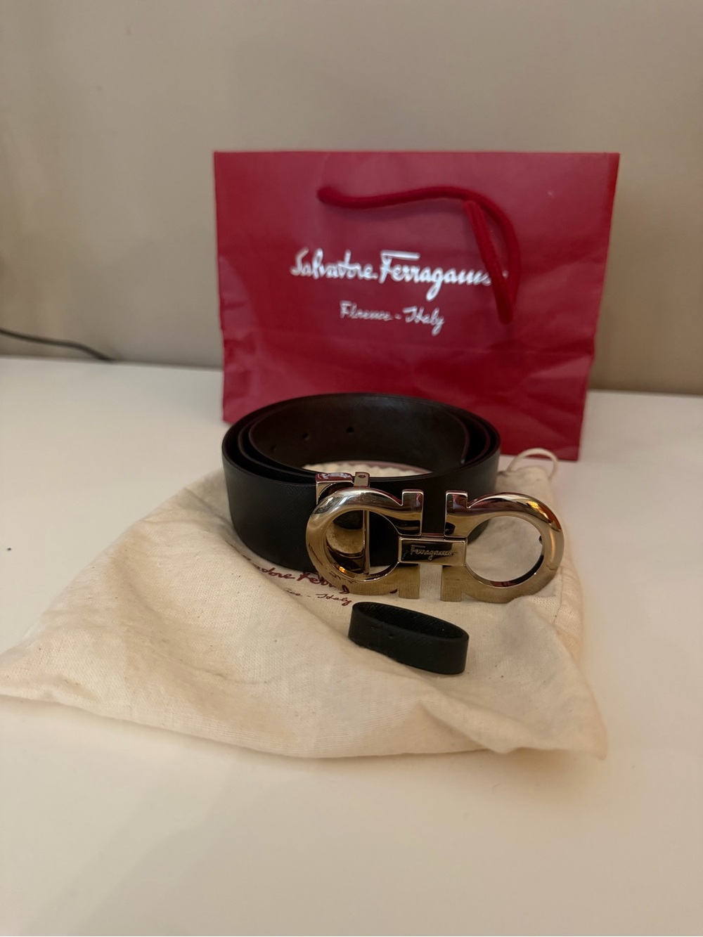 Salvatore Ferragamo Black Leather Belt with Gold Gancini Buckle
